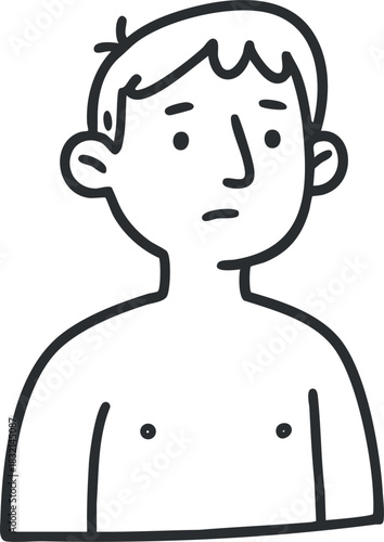 A simplistic outline illustration of a young male character with a neutral expression in minimalist vector style, ideal for creative projects and character design