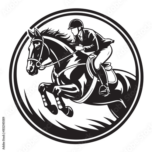 Dynamic equestrian rider jumping horse in bold black and white emblem