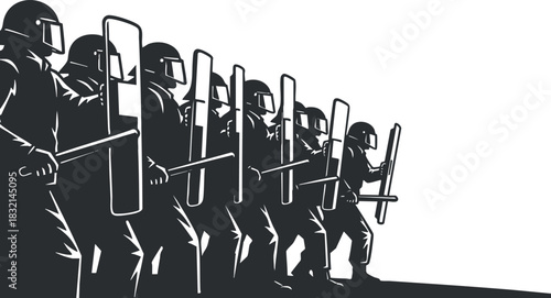 A group of police officers in a row holding shields and batons in black and white minimalist vector style, ideal for social justice themes