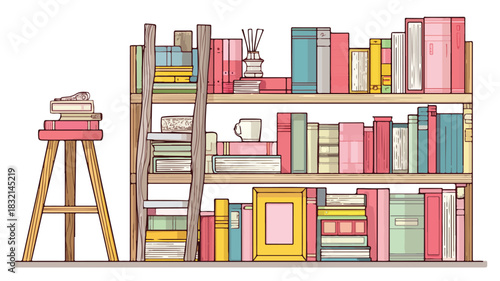 Modern Book Shelf with Books and Stool Vector Illustration