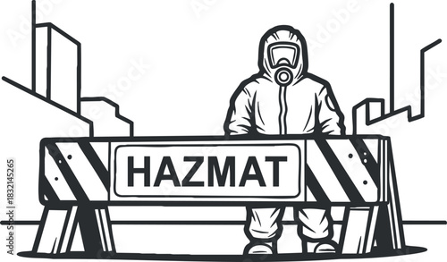 A hazmat worker in protective gear standing behind a hazardous materials barrier in black and white vector style, suitable for safety and health-related projects