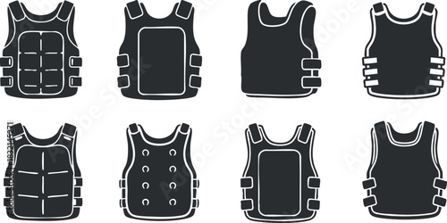 A collection of various styles of protective vests in flat black and white vector design, suitable for fitness and safety applications