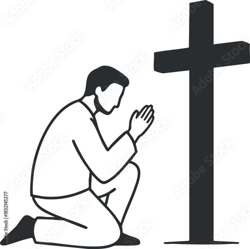 A silhouette of a man kneeling in prayer before a cross in minimalist black and white vector style, suitable for religious and spiritual designs