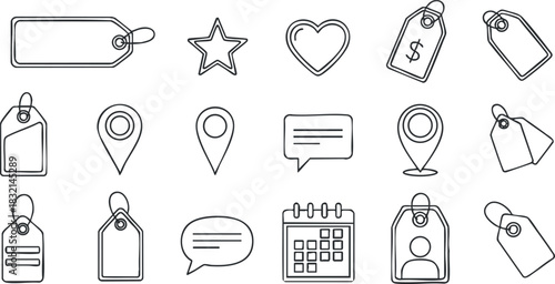 A collection of vector outline icons featuring tags, location markers, stars, hearts, messages, and a calendar, ideal for digital design and branding