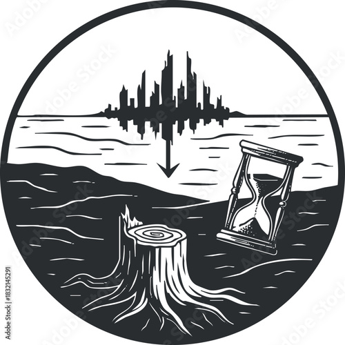 A circular illustration depicting a tree stump and an hourglass reflecting a city skyline in black and white vector style, symbolizing environmental balance and time