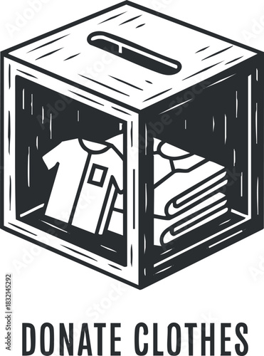 A donation box filled with clothes in minimalist outline vector style, ideal for charity campaigns and community support