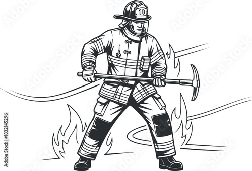 A firefighter battling flames with a pickaxe in a dynamic black and white line art vector style, ideal for safety awareness campaigns