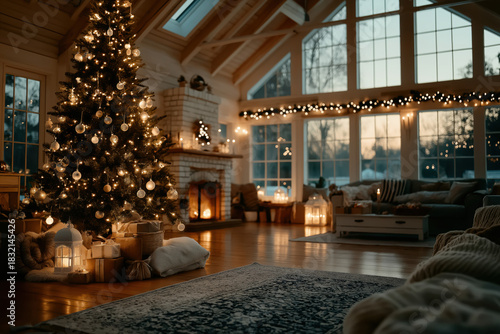 Salon moderne et rustique décoré pour Noël, avec un sapin richement orné, des cadeaux emballés sous l'arbre et une ambiance intérieure chaleureuse et cosy. Scène de maison de vacances d'hiver