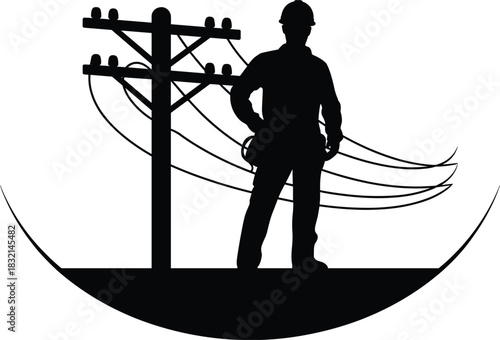 Silhouette of lineman standing by utility pole with power lines electricity