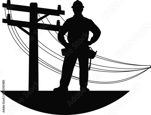 Silhouette of electrician standing by power pole with wires and insulators vector illustration