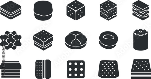 A collection of various dessert and snack icons in black and white minimalist vector style, ideal for food-related branding and packaging