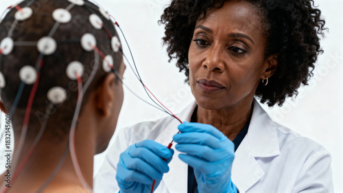 Woman scientist conducts brain activity research in a laboratory setting with a participant