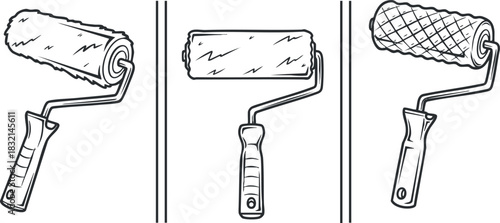 A set of paint rollers in black and white outline vector style, suitable for home improvement and renovation projects