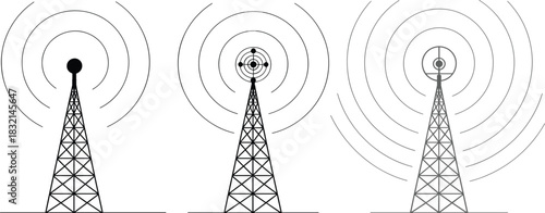 Three Black And White Icons Of Radio Towers With Different Signal Representations Keywords: radio tower, transmission tower