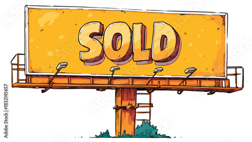 Vintage Cartoon Billboard with 'Sold' Sign - Real Estate Marketing Concept