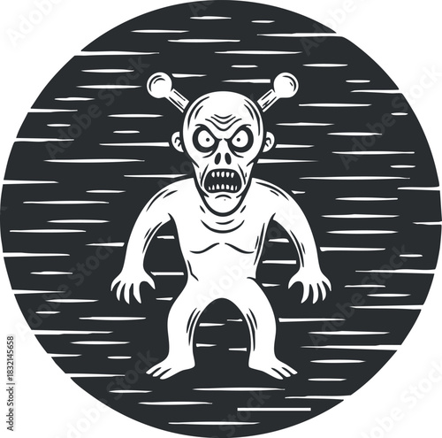 A scary alien creature with exaggerated features in a black and white comic-style vector illustration, ideal for horror-themed projects