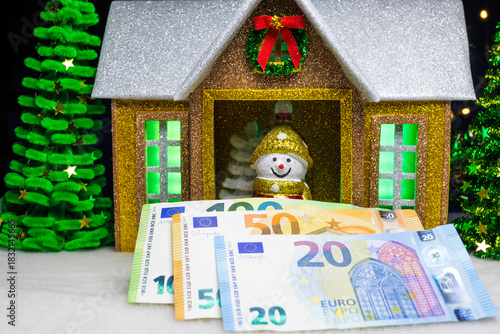 In front of the brown Christmas house with green lights in the windows is a snowman with euro banknotes