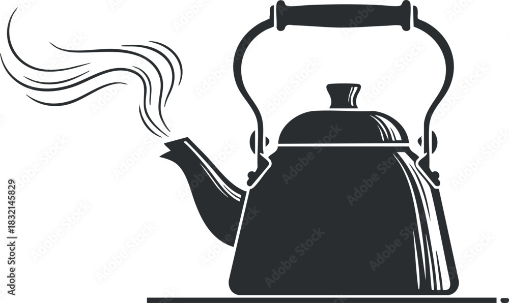 Obraz premium A steaming kettle in black and white minimalist vector style, ideal for kitchen and beverage-related designs