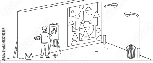 An artist painting on an easel in an urban street scene with geometric abstract art in minimalist lineart style, perfect for creative projects and artworks