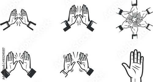 A collection of hand gestures including clapping, high fives, and teamwork in black and white outline vector style, ideal for social and motivational themes