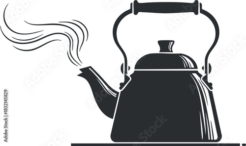 A steaming kettle in black and white minimalist vector style, ideal for kitchen and beverage-related designs
