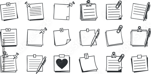 A collection of hand-drawn sticky notes, pens, and paper clips in outline minimalist vector style, ideal for office and stationery designs
