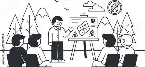 A presenter leading a discussion with a group in a black and white minimalist vector style, ideal for educational and business contexts