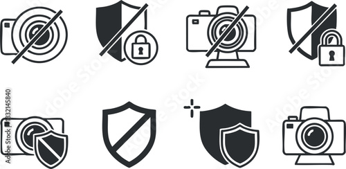 A collection of camera and shield icons in black and white minimalist vector style, ideal for security and privacy themes