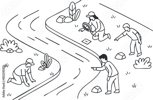 A group of people exploring nature with tools in a simple black and white outline vector style, ideal for educational materials