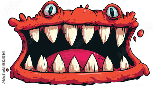 Cute Monster Character with Large Mouth and Sharp Teeth Cartoon Drawing