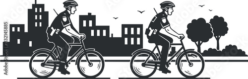A set of bicycle police officers riding through an urban landscape in black and white minimalist vector style, ideal for community safety graphics