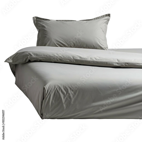 Simple, light gray bedding set, crisp texture. Duvet, pillow and sheet on bed