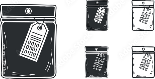 A collection of jars with tags displaying binary code in black and white minimalist vector style, ideal for technology-themed projects