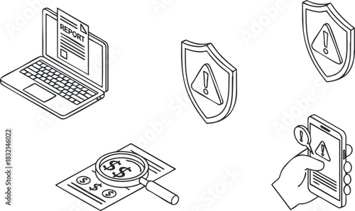 A set of financial analysis and security icons including a laptop with a report, alert shields, and a smartphone in outline vector style, suitable for digital finance applications