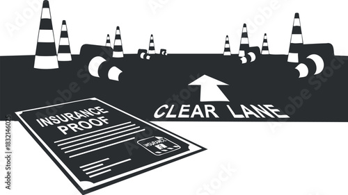 A clear lane road sign with an insurance proof document in black and white minimalist vector style, ideal for legal and transportation themes
