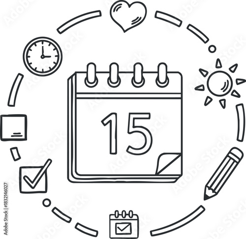 A calendar page with the date 15 surrounded by various icons like a clock, heart, and sun in minimalist outline vector style, suitable for productivity and planning themes
