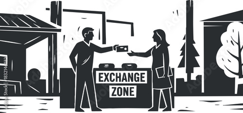 A scene depicting two individuals exchanging items at an exchange zone in a black and white vector illustration style, suitable for business and community themes