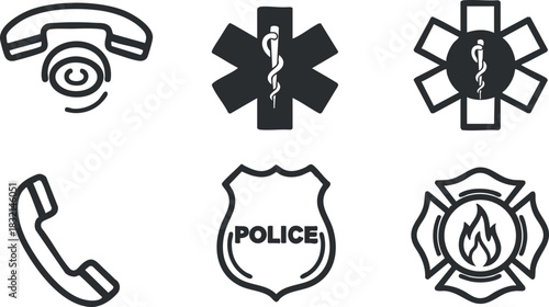 A collection of emergency service icons including phone, police badge, medical symbol, and fire department emblem in minimalist vector style, suitable for safety and health-related designs