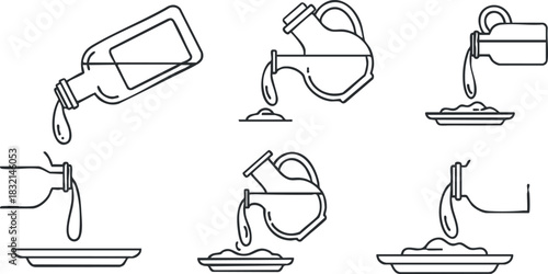 A set of line art illustrations depicting bottles pouring oil onto a plate in minimalist vector style, ideal for culinary design projects