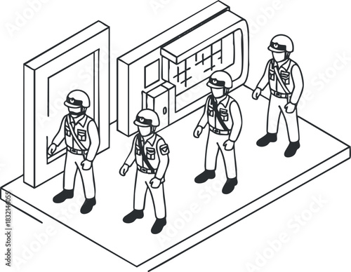 A set of police officers standing at a checkpoint in outline minimalist vector style, suitable for law enforcement illustrations