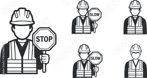 A set of construction worker icons holding stop and slow signs in black and white vector style, suitable for safety signage and roadwork projects