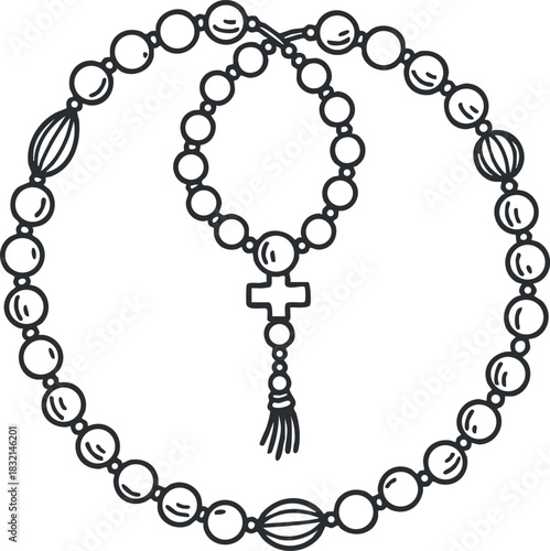 A rosary with beads and a cross in outline vector style, suitable for religious and spiritual themes
