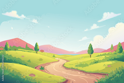 Winding road through green rolling hills under a bright blue sky offers space for nature advertising concepts.