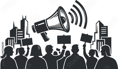 A crowd of people holding signs with a megaphone in a black and white vector style, suitable for activism and social justice themes
