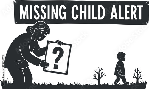 A missing child alert illustration featuring a concerned adult holding a sign with a question mark, in black and white vector style, suitable for community safety initiatives