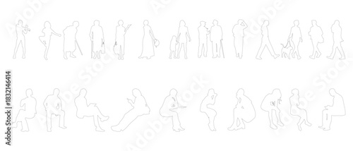A clean line-art collection of standing, walking, sitting, and interacting people in modern everyday poses. Perfect for architectural plans, infograpkics, creative layouts, and design projects