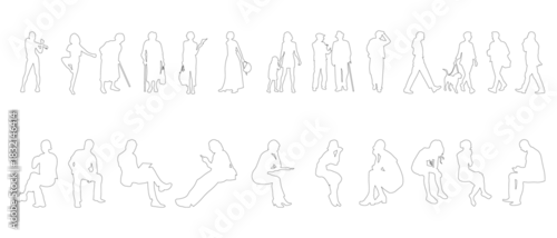 Fototapeta A clean line-art collection of standing, walking, sitting, and interacting people in modern everyday poses. Perfect for architectural plans, infograpkics, creative layouts, and design projects