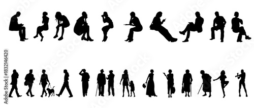 A diverse silhouette collection showing people of different ages walking, sitting, interacting, and moving in natural everyday poses. Perfect for architectural plans, infographics, UI layouts, posters
