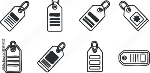 A collection of various tags and labels in minimalist black and white outline vector style, ideal for e-commerce and product design