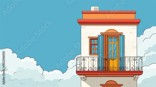 Charming Cartoon House with Balcony on Blue Sky Background